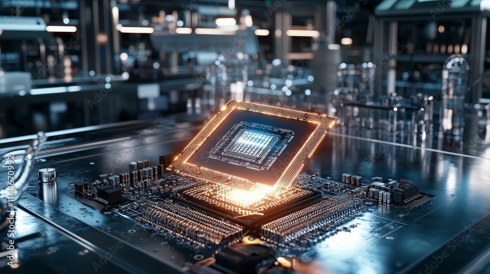 Poster Exploring quantum processor chip innovation in a modern lab workspace a shining future of technology and science