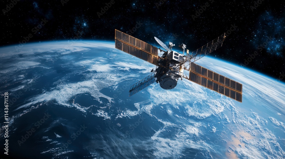 Poster high-tech satellite orbiting earth space exploration digital technology cosmic environment aerial vi