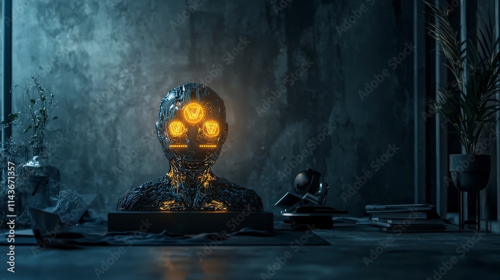 Fototapete Glowing ai face setup futuristic studio digital art minimalist environment close-up view symbolizing intelligence