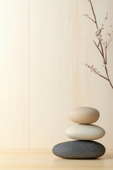 Decorative stone arrangement with branch on wooden surface in minimalist setting
