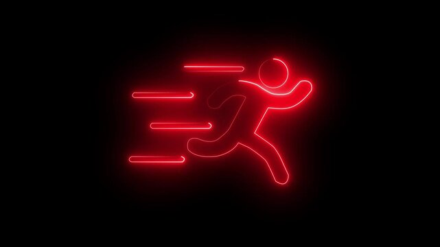 Glowing neon line blue color runner sing. Running neon sign appear in center and disappear after some time background.