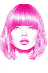 Fototapeta premium A drawing of a woman with pink hair and bangs