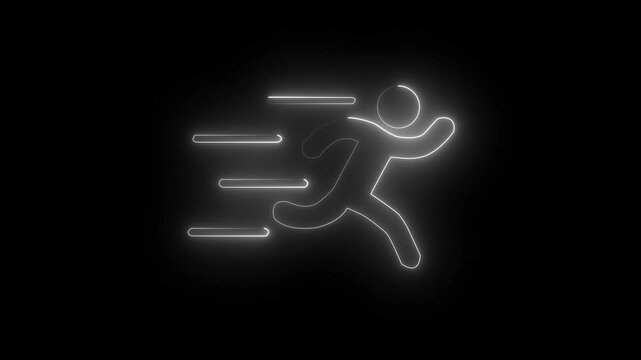 Glowing neon line blue color runner sing. Running neon sign appear in center and disappear after some time background.