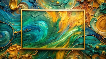 Golden Frame on Abstract Swirling Green and Gold Paint Texture
