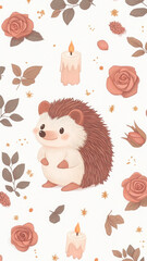 Obraz premium Cute hedgehog surrounded by roses and candles in pastel design