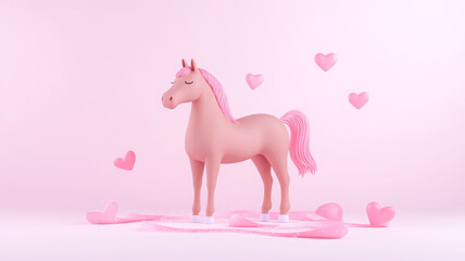 cute cartoon horse in soft brown surrounded by pink hearts and sparkles