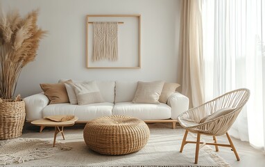 Minimalist living room with beige tones, white walls, and macrame curtains, soft pastel decor with a touch of warmth, AIgenerated modern cozy home interior