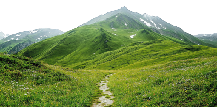 a winding stone path leads through a lush green valley towards a distant mountain peak covered in snow the valley is bathed in the soft light of a cloudy day