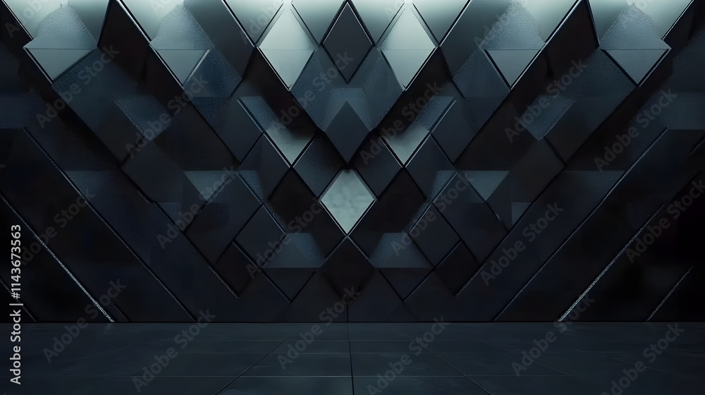 Wall mural polished tiles arranged to create a 3d wall. triangular, futuristic background formed from black blo