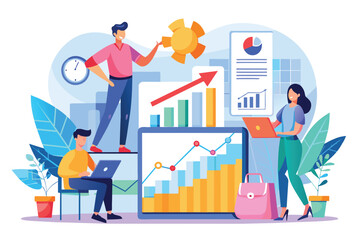 Teams in a modern office review growth charts and data visualizations for strategic planning People analyze growth charts using flat illustrations.