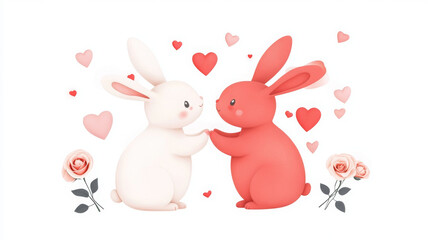 Naklejka premium Cute cartoon rabbits in love surrounded by hearts and roses