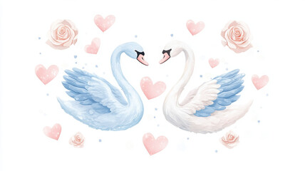 Fototapeta premium Elegant swans in romantic setting with hearts and roses surrounding them