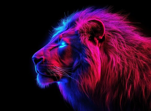 red lion with glowing neon blue and purple fur, glowing eyes