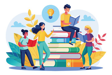 Obraz premium A group of four individuals engages in studying with various books in a well-lit flat space People are providing books for studying, in a flat illustration.