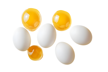 White eggs and egg yolk on the yellow background. topview