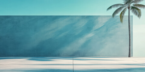 Vibrant tropical landscape featuring a palm tree and an empty wall under a clear blue sky