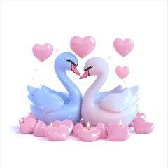 Fototapeta premium charming 3D design of blue and pink swan couple surrounded by hearts