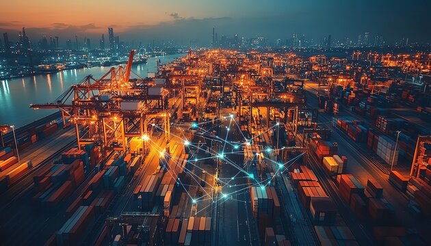 Global trade and supply chain connections, intricate web linking industries across continents, vibrant and sleek digital visualization, high resolution, cinematic perspective