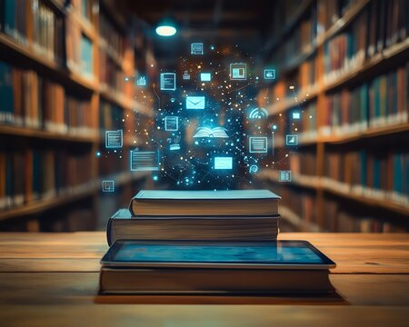Wooden table with a tablet showing educational icons and floating books