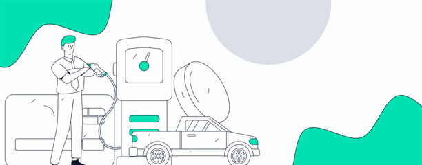 Vector Internet operation hand-drawn illustration of people getting discounts for refueling their cars
