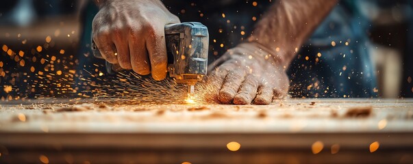 Carpenters hands using a power tool on a wooden plank, working on a wooden structure, detailed closeup of skilled craftsmanship, AIgenerated woodworking imagery