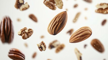 assorted nuts including almonds, walnuts, and pecans floating on white background