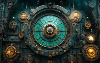 Fototapeta premium Industrial steampunk society, retrofuturistic elements with intricate clockwork gears, steampowered engines, and horology details, Victorian aesthetics, detailed vintage setting