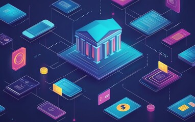 Fototapeta premium Innovative fintech vector, interconnected icons of digital banking, mobile payments, and financial technology, sleek and vibrant design, futuristic concept