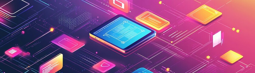 Fototapeta premium Innovative fintech vector, interconnected icons of digital banking, mobile payments, and financial technology, sleek and vibrant design, futuristic concept