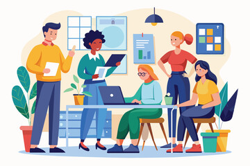 A group of five individuals engages in lively discussions about their ongoing projects at a workspace People discuss projects, simple drawing