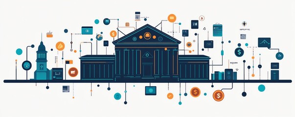 Modern fintech illustration, digital finance icons linked in a network, mobile payment systems, innovative banking solutions, vibrant colors, professional vector design