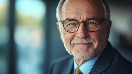 Fototapeta premium Senior businessman with grey beard and glasses smiling confidently in a modern office setting, showcasing professionalism and experience in a corporate environment.