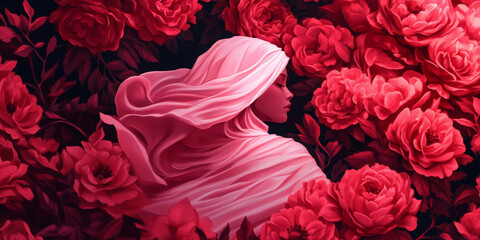 Portrait of woman in pink scarf surrounded by vibrant red flowers