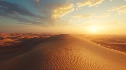 A serene desert landscape at sunset, showcasing rolling dunes and a colorful sky.