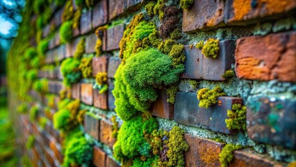Lush Green Moss Thriving on a Rustic Brick Wall Texture