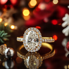 Fototapeta premium 8 carat oval diamond halo ring set in yellow gold kept on a table with xmas theme, for diamond jewelry brand