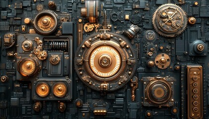 Steampunk vision, retrofuturistic cityscape with industrial elements, massive gears, steampowered machinery, horology influences, vintage Victorian style, intricate details