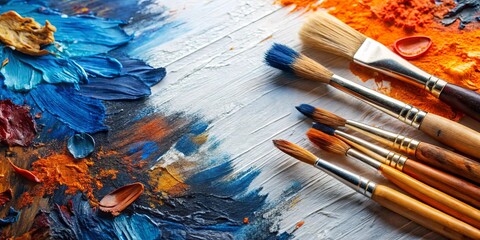 Obraz premium Artistic Paintbrushes Resting on a Vibrant Palette of Oil Colors