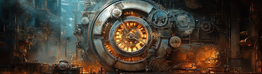 Obraz premium Steampunk world, retrofuturistic vision of an industrial society with large gears, horologyinspired designs, intricate machinery, Victorian architecture, warm vintage atmosphere