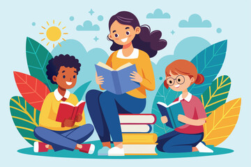 A teacher encourages children as they read books in a vibrant, outdoor environment filled with greenery People reading with teacher guidance, illustrated in a flat style.