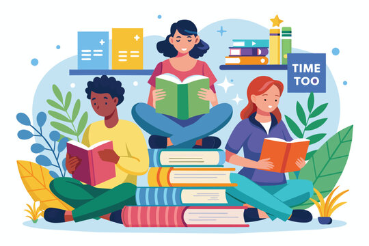 Three people are seated among stacks of books, deeply focused on their reading and learning activities People reading books, time to learn, flat illustration.