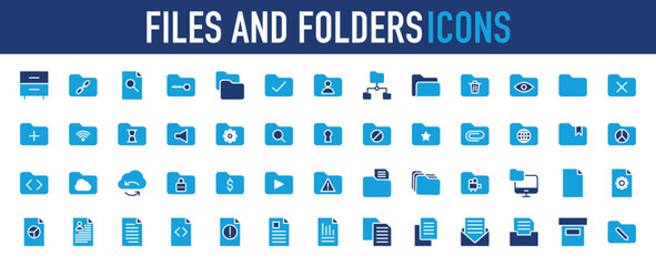 Set of Files and Folders icon. Drawer, Folder, Key, Delete Folder, Inquiry, File Storage, Recruitment, Network, Url, Cancel, Add Folder, Vision, Folder Network, Hourglass, Sound vector. 