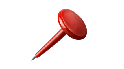 Red push pin with a shiny surface, isolated on transparent