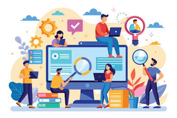 A group of individuals engaged in various online research activities with laptops and tablets People search for internet resources using computers, illustrated in a flat style.