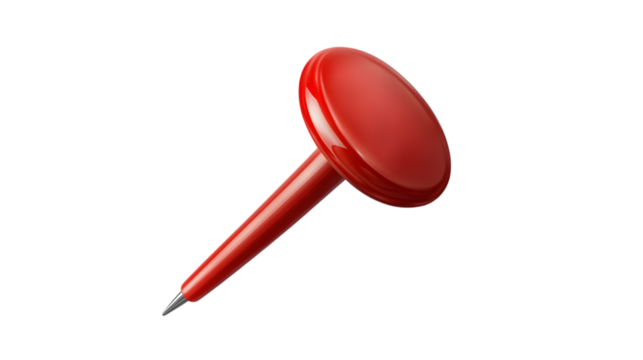 Red push pin with a shiny surface, isolated on transparent