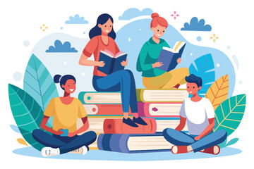 Four students are sitting and studying with books in a cheerful outdoor environment surrounded by greenery People sitting and studying with a book, flat illustration.