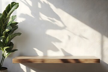 Minimalist Wooden Shelf with Plant and Sunlight Shadows on White Wall