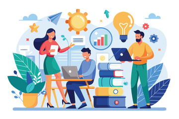 A group of three professionals is brainstorming ideas for their new business project in a modern workspace People starting a business project concept, illustrated in a flat style.
