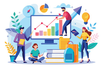 A group of individuals studies growth charts and engages in discussions while surrounding educational materials People study growth charts and flat illustrations.