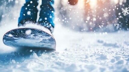 Snowboarder in action on a snowy slope with falling snowflakes.